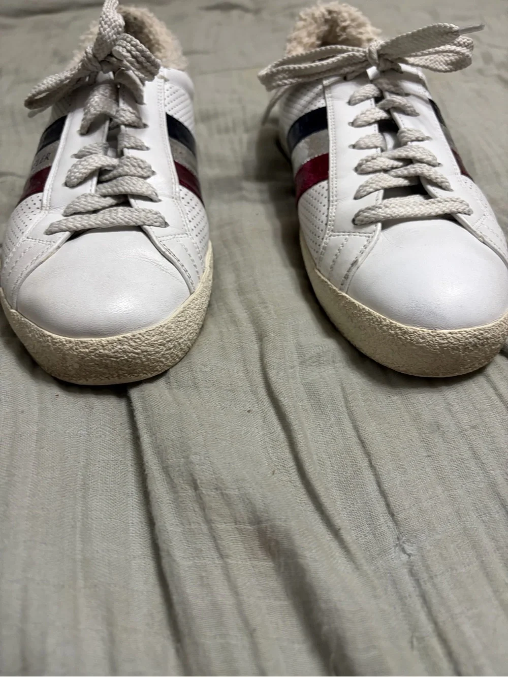 Moncler Ryegrass White Leather Sneaker with Red, Silver & Blue Metallic Stripes